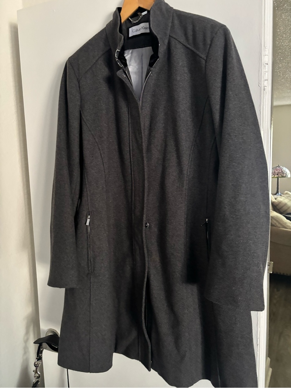 Calvin Klein Womens Charcoal Zip-Front Coat